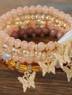 Butterfly Charm Beaded Bracelet Set - Elegant Gold and Pearl Layered Design for Women