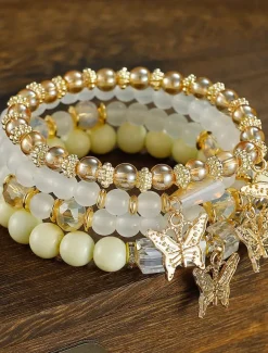Butterfly Charm Beaded Bracelet Set - Elegant Gold and Pearl Layered Design for Women
