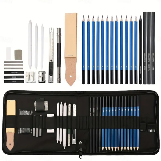 Bview Art 32 Pack Drawing Pencils Set Professional Drawing Art Kit With Sketch Pencils Graphite Charcoal Sticks In Portable Case Drawing Supplies For Students Adults Artists