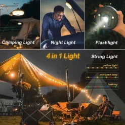 Camping Lights String, 4 in 1 Outdoor String Lights with 8 Lighting Modes Portable Retractable Camping String Lights for Outdoor Hiking Garden Party Festival Decor