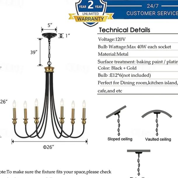 Candle Style Chandelier 6-Light 26" Simple Classic Traditional Pendant Light, Kitchen Island Ceiling Light Fixture for Entryway, Hallway, Dining Room Foyer