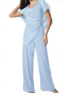 Cape Jumpsuit / Pantsuit Mother of the Bride Dress Elegant Simple Minimalist Scoop Neck Floor Length Chiffon Short Sleeve with Crystal Buttons