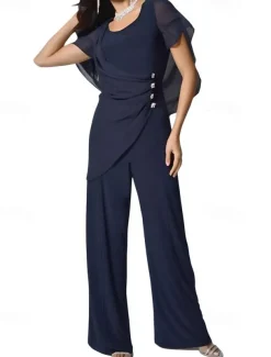 Cape Jumpsuit / Pantsuit Mother of the Bride Dress Elegant Simple Minimalist Scoop Neck Floor Length Chiffon Short Sleeve with Crystal Buttons