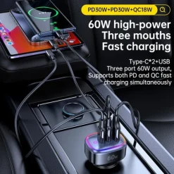 Car Charger with Cable 60 W Output Power 3 Port Car Charger Multi USB Charger Station CE Certified 3 in 1 for Multiple Devices Security Protection For Cellphone