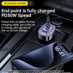 Car Charger with Cable 60 W Output Power 3 Port Car Charger Multi USB Charger Station CE Certified 3 in 1 for Multiple Devices Security Protection For Cellphone