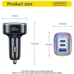 Car Charger with Cable 60 W Output Power 3 Port Car Charger Multi USB Charger Station CE Certified 3 in 1 for Multiple Devices Security Protection For Cellphone