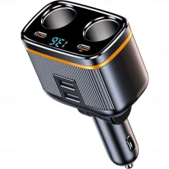 Car Chargers 145W High Power Charging Adapter 2-Socket Power Splitter 12-24V with PD Type-C USB Ports LED Voltage Display for Car Truck SUV