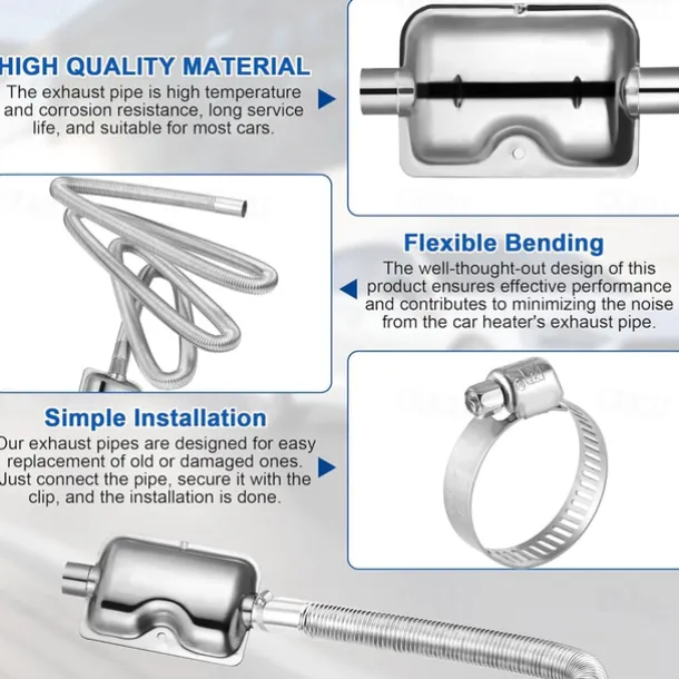 Car Heater Exhaust Pipe 300 cm Flexible Stainless Steel Exhaust Pipe Kit for Diesel Parking Air Heaters with Exhaust Muffler Two Steel Clamps