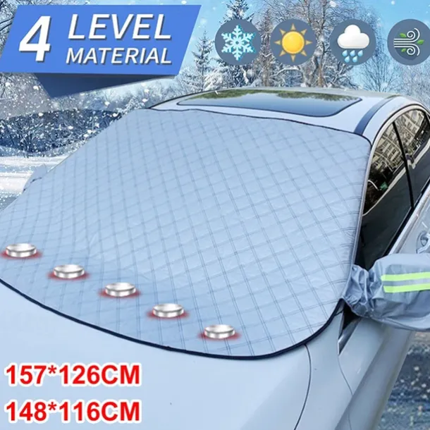Car Windshield Cover 4-Layer Magnetic Anti-freeze Sun Shade Snow Frost Ice Rain Cover Protector with Reflective Strip All Season