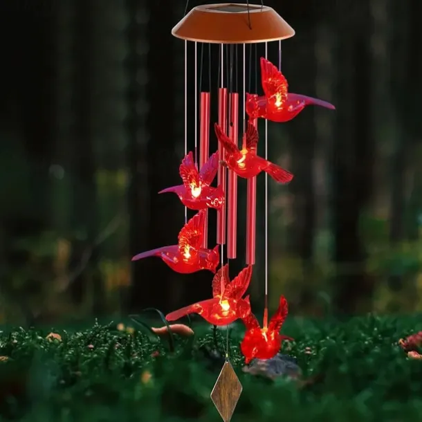 Cardinal Bird Solar Wind Chimes Outdoor Waterproof Garden Lights for Window Decoation Garden Patiio Backyard 6 LEDs Bird