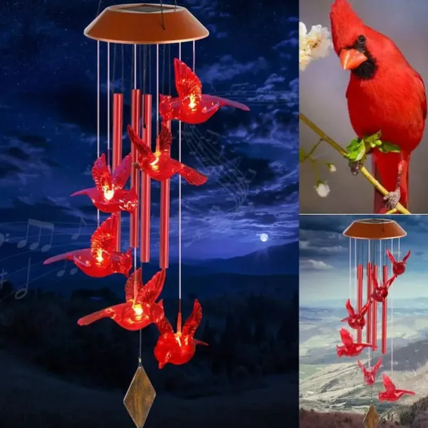 Cardinal Bird Solar Wind Chimes Outdoor Waterproof Garden Lights for Window Decoation Garden Patiio Backyard 6 LEDs Bird