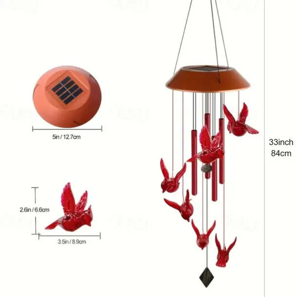 Cardinal Bird Solar Wind Chimes Outdoor Waterproof Garden Lights for Window Decoation Garden Patiio Backyard 6 LEDs Bird