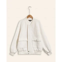Casual Crew Neck Textured Raglan Sleeve Bomber Jacket