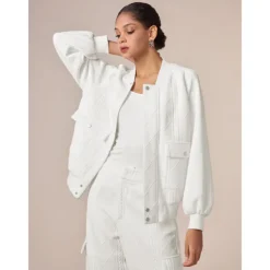 Casual Crew Neck Textured Raglan Sleeve Bomber Jacket