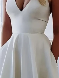 Casual Simple Wedding Dresses A-Line V Neck Sleeveless Sweep / Brush Train Satin Bridal Gowns With Pocket