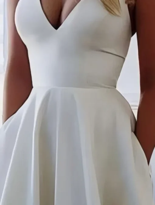 Casual Simple Wedding Dresses A-Line V Neck Sleeveless Sweep / Brush Train Satin Bridal Gowns With Pocket