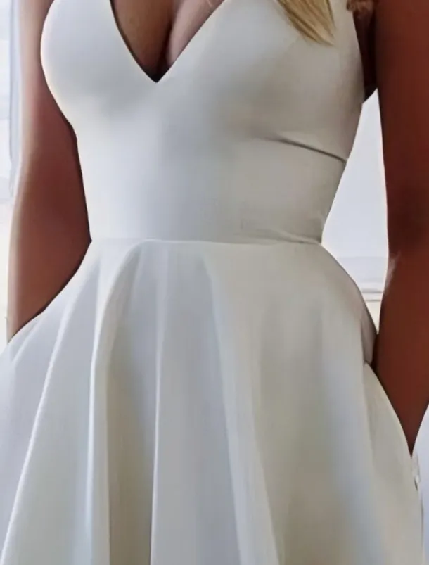 Casual Simple Wedding Dresses A-Line V Neck Sleeveless Sweep / Brush Train Satin Bridal Gowns With Pocket
