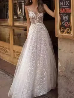 Casual Wedding Dresses A-line V Neck Sleeveless Floor Length Embrodered Lace Bridal Gowns Beach Wedding Gown