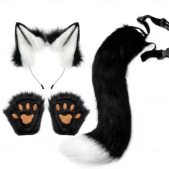 Cat Ears and Wolf Fox Animal Tail Cosplay Costume Faux Fur Hair Clip Headdress Halloween Leather Headband Gloves Tail Set