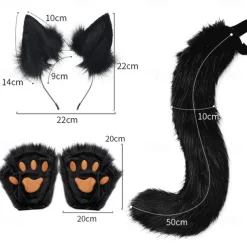 Cat Ears and Wolf Fox Animal Tail Cosplay Costume Faux Fur Hair Clip Headdress Halloween Leather Headband Gloves Tail Set