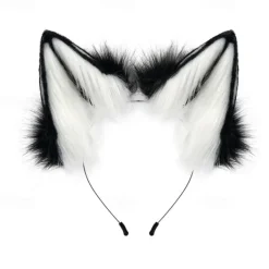 Cat Ears and Wolf Fox Animal Tail Cosplay Costume Faux Fur Hair Clip Headdress Halloween Leather Headband Gloves Tail Set