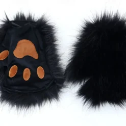 Cat Ears and Wolf Fox Animal Tail Cosplay Costume Faux Fur Hair Clip Headdress Halloween Leather Headband Gloves Tail Set