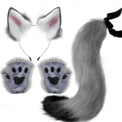 Cat Ears and Wolf Fox Animal Tail Cosplay Costume Faux Fur Hair Clip Headdress Halloween Leather Headband Gloves Tail Set