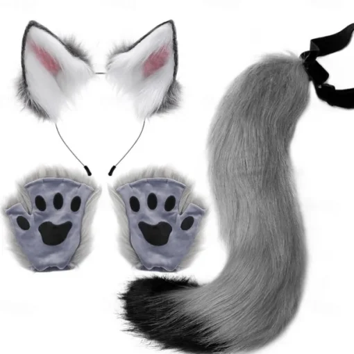 Cat Ears and Wolf Fox Animal Tail Cosplay Costume Faux Fur Hair Clip Headdress Halloween Leather Headband Gloves Tail Set