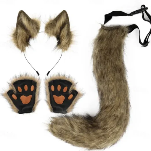 Cat Ears and Wolf Fox Animal Tail Cosplay Costume Faux Fur Hair Clip Headdress Halloween Leather Headband Gloves Tail Set