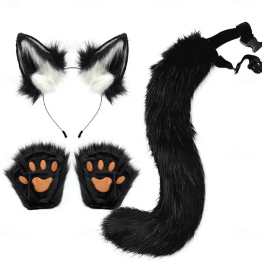 Cat Ears and Wolf Fox Animal Tail Cosplay Costume Faux Fur Hair Clip Headdress Halloween Leather Headband Gloves Tail Set