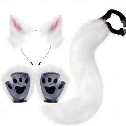 Cat Ears and Wolf Fox Animal Tail Cosplay Costume Faux Fur Hair Clip Headdress Halloween Leather Headband Gloves Tail Set