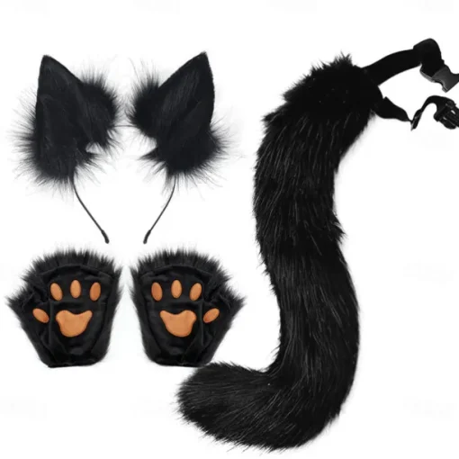 Cat Ears and Wolf Fox Animal Tail Cosplay Costume Faux Fur Hair Clip Headdress Halloween Leather Headband Gloves Tail Set