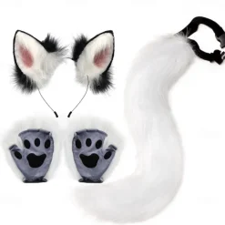 Cat Ears and Wolf Fox Animal Tail Cosplay Costume Faux Fur Hair Clip Headdress Halloween Leather Headband Gloves Tail Set