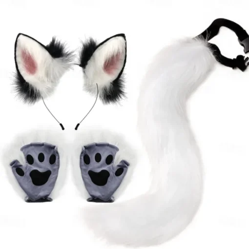 Cat Ears and Wolf Fox Animal Tail Cosplay Costume Faux Fur Hair Clip Headdress Halloween Leather Headband Gloves Tail Set