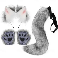 Cat Ears and Wolf Fox Animal Tail Cosplay Costume Faux Fur Hair Clip Headdress Halloween Leather Headband Gloves Tail Set