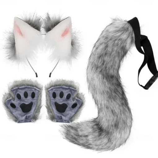 Cat Ears and Wolf Fox Animal Tail Cosplay Costume Faux Fur Hair Clip Headdress Halloween Leather Headband Gloves Tail Set