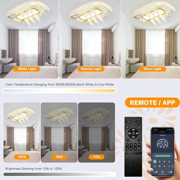 Ceiling Fan with Light 3 Spotlight App & Remote Control 101cm Dimmable 6 Wind Speeds Modern Ceiling Fan for Bedroom, Living Room 110-240V