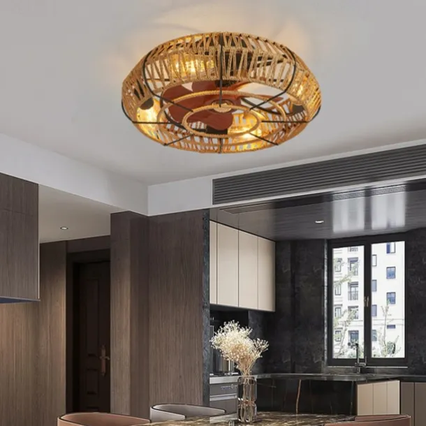 Ceiling Fan with Light and Remote, 20" Cage Low Profile Bladeless Farmhouse Flush Mount Boho Ceiling Fans Light, Enclosed Industrial Ceiling Fan 6 Speed Reversible w/ 4 Bulbs.