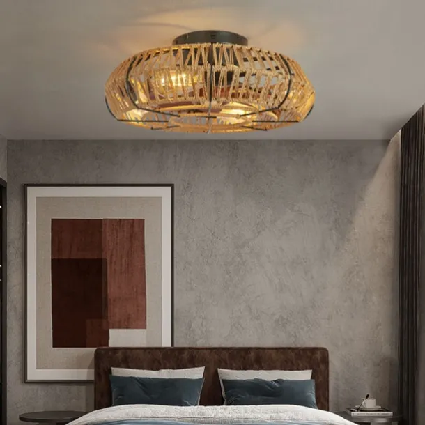 Ceiling Fan with Light and Remote, 20" Cage Low Profile Bladeless Farmhouse Flush Mount Boho Ceiling Fans Light, Enclosed Industrial Ceiling Fan 6 Speed Reversible w/ 4 Bulbs.