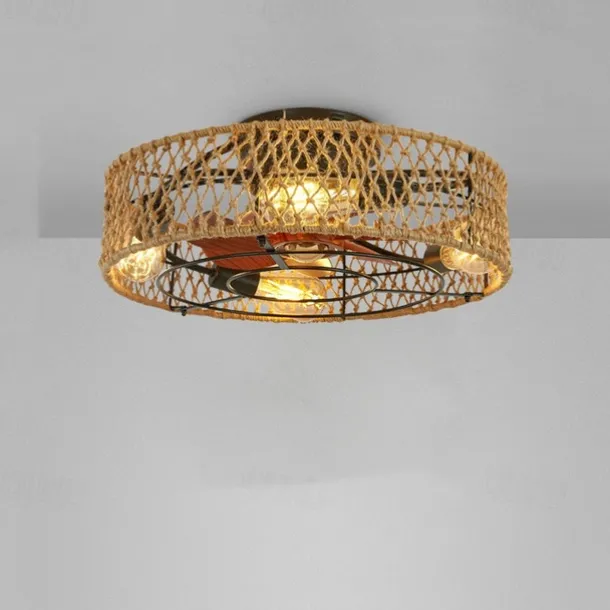 Ceiling Fan with Light and Remote, 20" Cage Low Profile Bladeless Farmhouse Flush Mount Boho Ceiling Fans Light, Enclosed Industrial Ceiling Fan 6 Speed Reversible w/ 4 Bulbs.