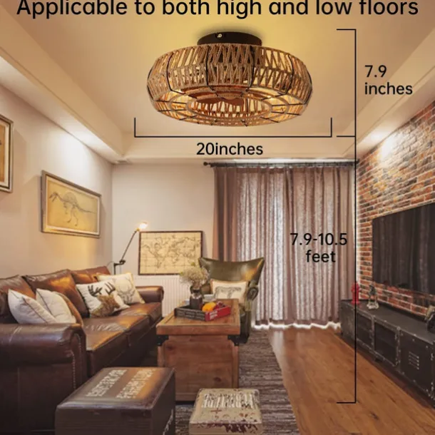 Ceiling Fan with Light and Remote, 20" Cage Low Profile Bladeless Farmhouse Flush Mount Boho Ceiling Fans Light, Enclosed Industrial Ceiling Fan 6 Speed Reversible w/ 4 Bulbs.