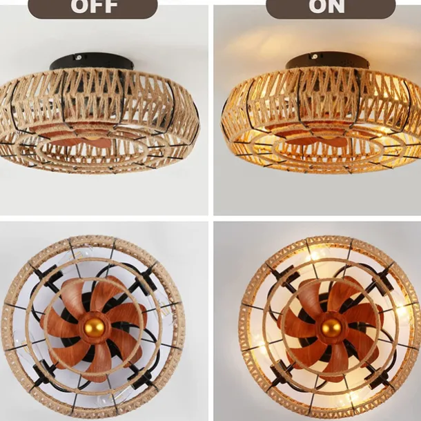 Ceiling Fan with Light and Remote, 20" Cage Low Profile Bladeless Farmhouse Flush Mount Boho Ceiling Fans Light, Enclosed Industrial Ceiling Fan 6 Speed Reversible w/ 4 Bulbs.