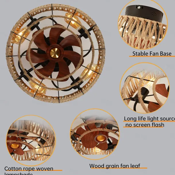 Ceiling Fan with Light and Remote, 20" Cage Low Profile Bladeless Farmhouse Flush Mount Boho Ceiling Fans Light, Enclosed Industrial Ceiling Fan 6 Speed Reversible w/ 4 Bulbs.