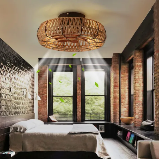 Ceiling Fan with Light and Remote, 20" Cage Low Profile Bladeless Farmhouse Flush Mount Boho Ceiling Fans Light, Enclosed Industrial Ceiling Fan 6 Speed Reversible w/ 4 Bulbs.