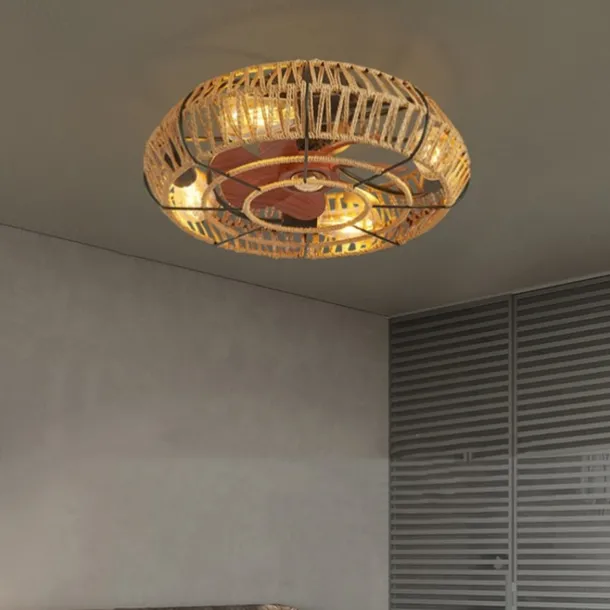 Ceiling Fan with Light and Remote, 20" Cage Low Profile Bladeless Farmhouse Flush Mount Boho Ceiling Fans Light, Enclosed Industrial Ceiling Fan 6 Speed Reversible w/ 4 Bulbs.