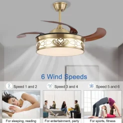 Ceiling Fan with Light Circle Design App & Remote Control Crystal 50cm Dimmable 6 Wind Speeds Modern Ceiling Fan for Bedroom, Living Room, Small Room 110-240V