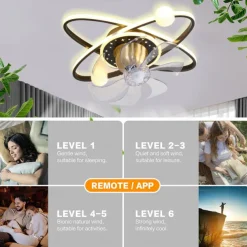 Ceiling Fan with Light Dimmable Circle Design Crystal 57cm 6 Wind Speeds Modern Ceiling Fan for Bedroom, Living Room App & Remote Control 110-240V