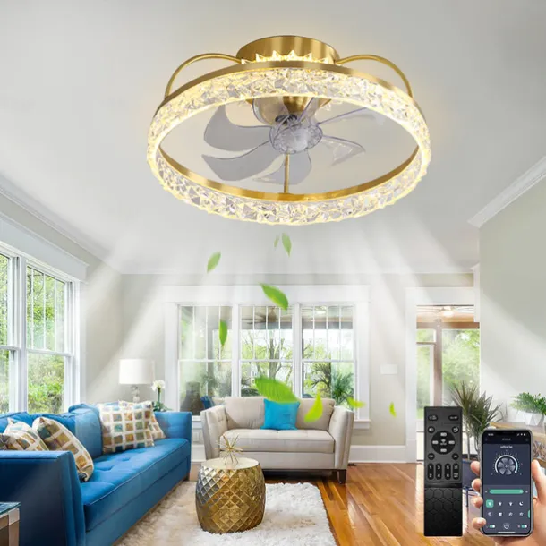 Ceiling Fan with Light Dimmable Circle Design Crystal 50cm 6 Wind Speeds Modern Ceiling Fan for Bedroom, Living Room App & Remote Control 110-240V