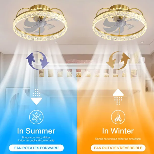 Ceiling Fan with Light Dimmable Circle Design Crystal 50cm 6 Wind Speeds Modern Ceiling Fan for Bedroom, Living Room App & Remote Control 110-240V