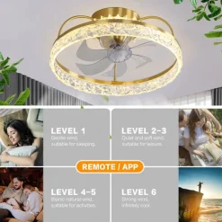 Ceiling Fan with Light Dimmable Circle Design Crystal 50cm 6 Wind Speeds Modern Ceiling Fan for Bedroom, Living Room App & Remote Control 110-240V